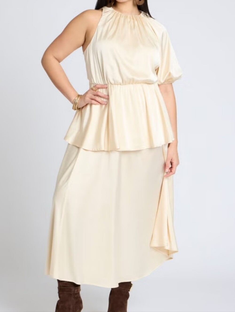 NWT Eloquii One Sleeve Satin Maxi Dress Peach Petal Champagne 18 Formal Cocktail